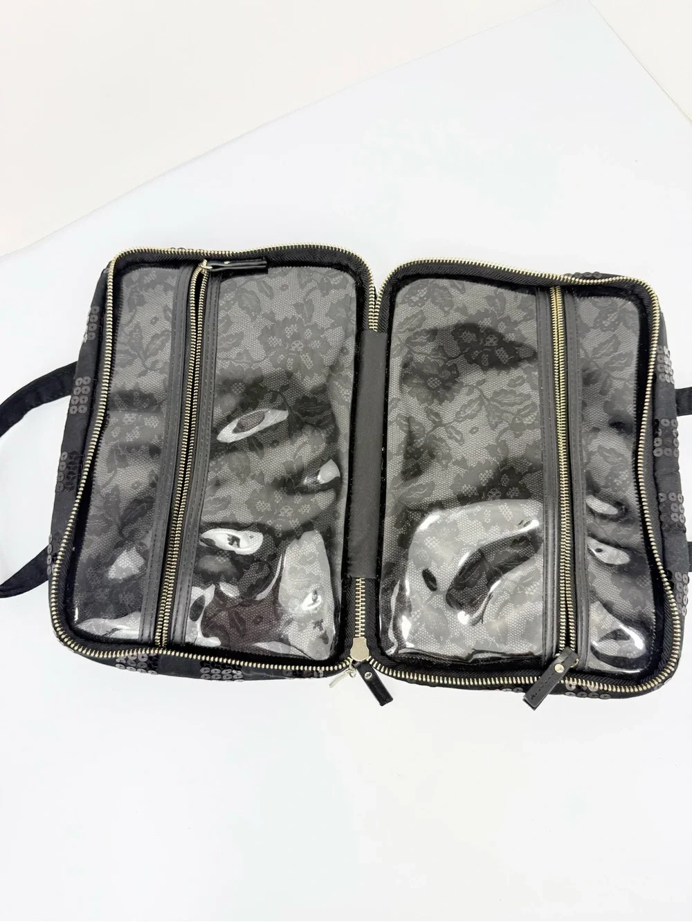 Victoria's Secret Black Canvas Sequin Stripe Double Handle Zip Toiletry Bag